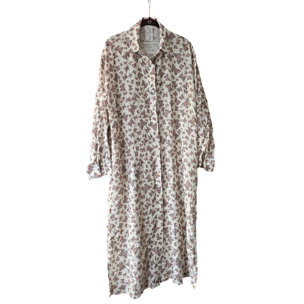 Sadie & Sage Maxi Shirt Dress Womens Small Cream Butterfly Boho Duster New